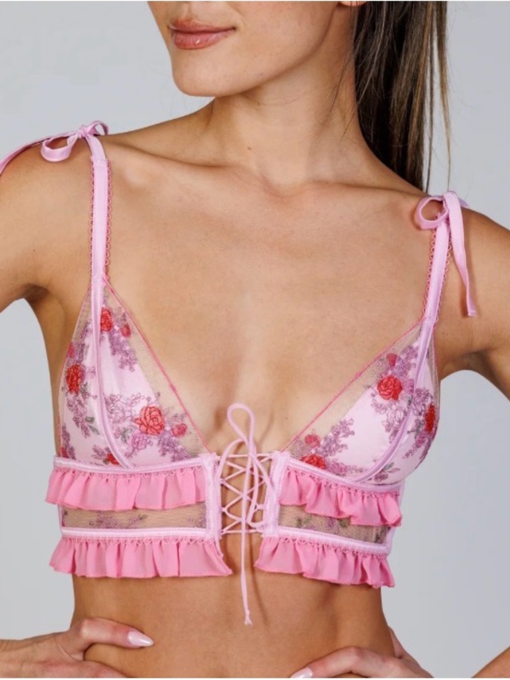 Rare For Love And Lemons Pink Embroidered Lace-Up Bralette with Ruffle Trim